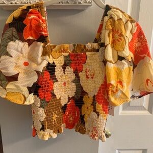 Billabong Orange Yellow Smocked Puff Sleeve Blouse - NWT - Small